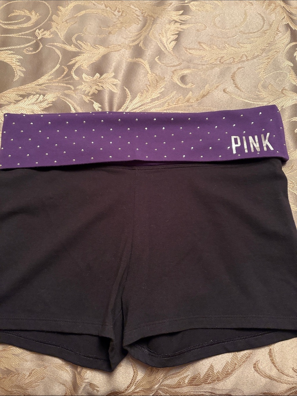 PINK Victoria's Secret Black Shorts with Purple Fold-Over Waistband